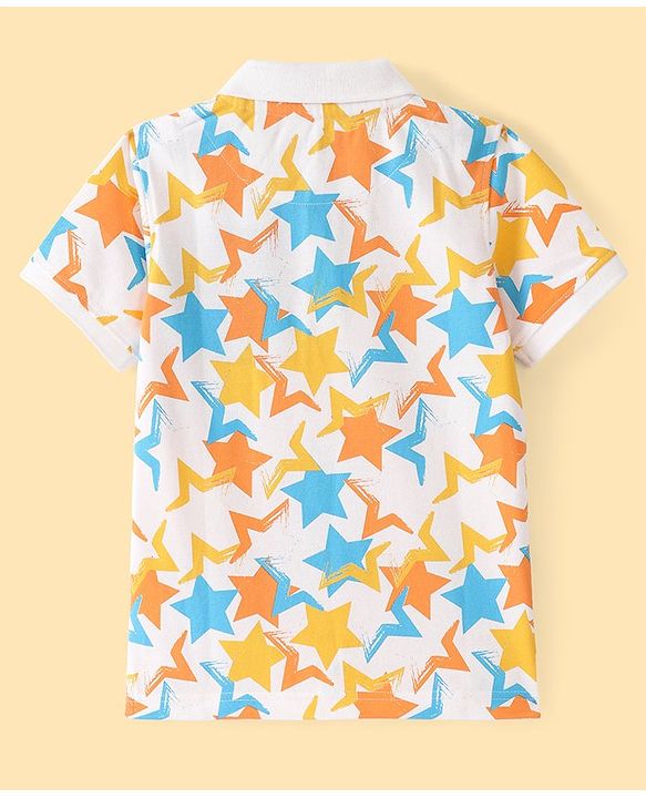 Pine Kids Cotton Half Sleeves Polo T-Shirt Stars Print - Snow White