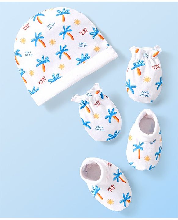 Babyhug 100% Cotton Cap Mittens & Booties Tropical Print White - Diameter 10 cm