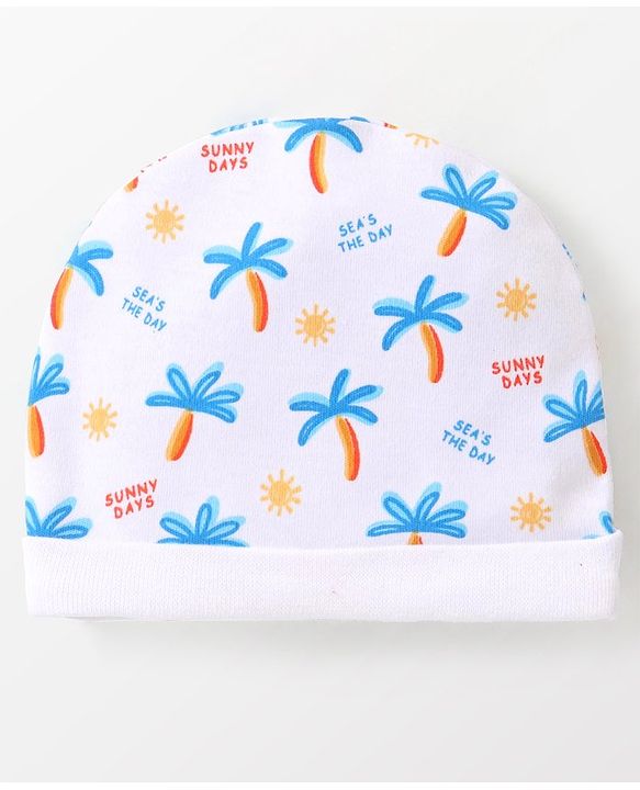 Babyhug 100% Cotton Cap Mittens & Booties Tropical Print White - Diameter 10 cm