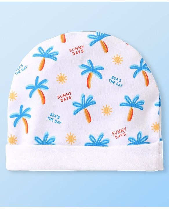 Babyhug 100% Cotton Cap Mittens & Booties Tropical Print White - Diameter 10 cm