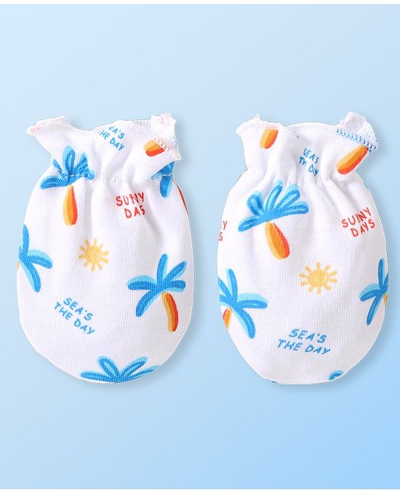 Babyhug 100% Cotton Cap Mittens & Booties Tropical Print White - Diameter 10 cm