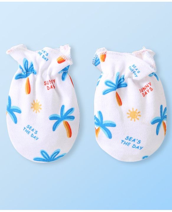 Babyhug 100% Cotton Cap Mittens & Booties Tropical Print White - Diameter 10 cm