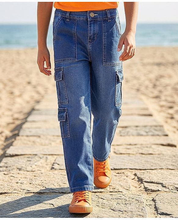 Pine Kids Full Length Washed Denim Jeans with Cargo Pocket - Blue