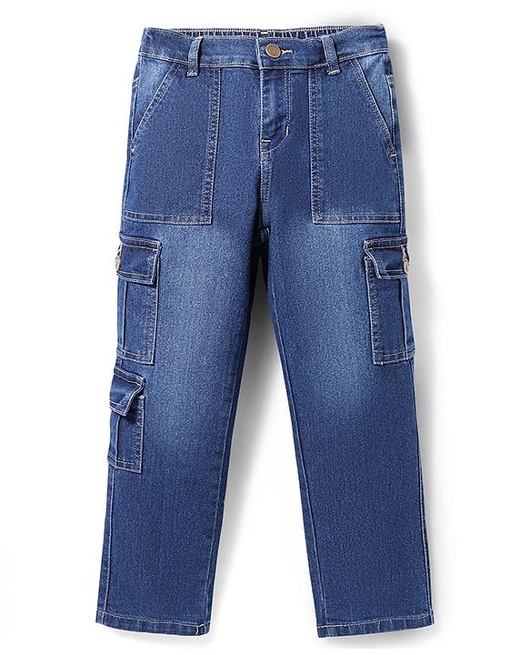 Pine Kids Full Length Washed Denim Jeans with Cargo Pocket - Blue