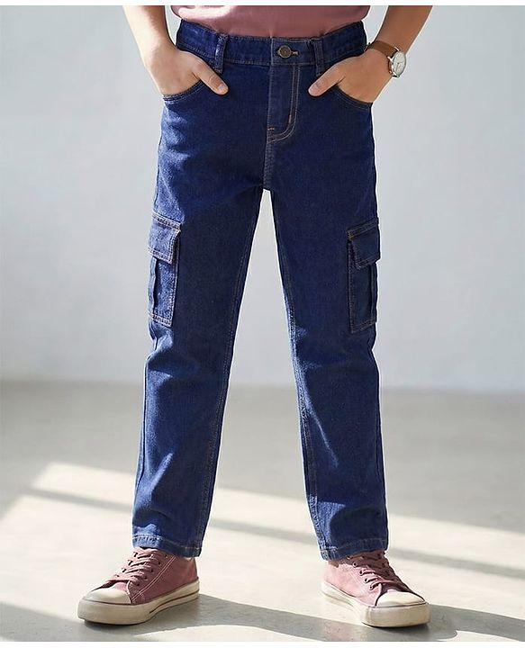 Pine Kids Full Length Washed Denim Jeans with Cargo Pocket - Navy Blue