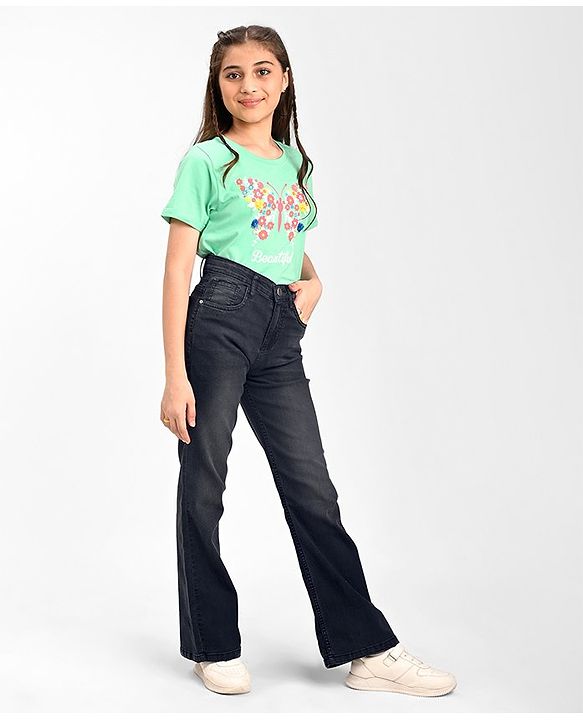 Pine Kids Cotton Rich Full Length Stretchable Denim with Adjustable waist band - Black