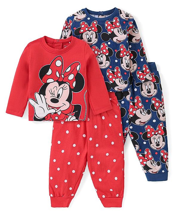Babyhug  Disney Cotton Full Sleeves Nighsuit With Minnie Mouse Graphics Pack Of 2-Red & Blue