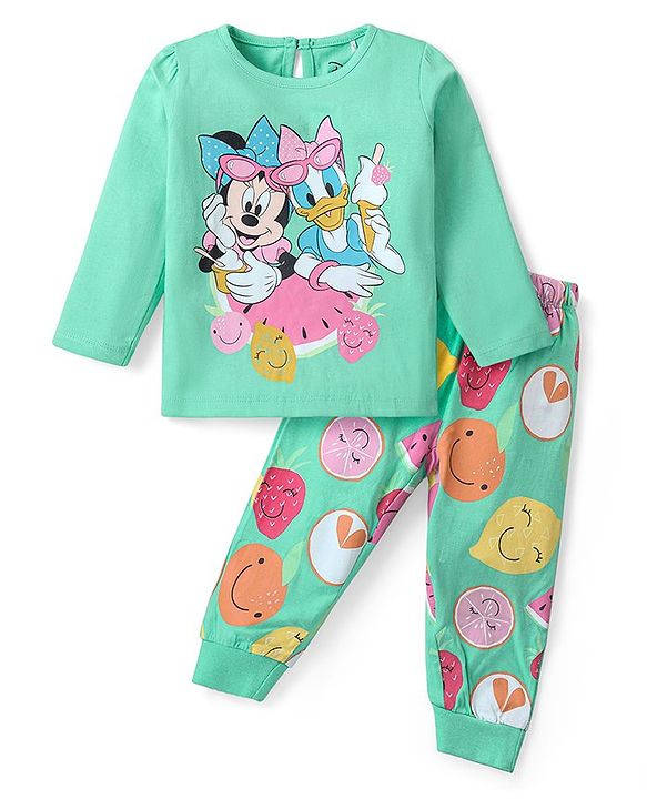Babyhug Disney Cotton Knit Full Sleeves Night Suit With Minnie Mouse Print - Green