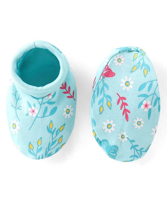 Babyhug Mittens and Booties Floral Print - Blue