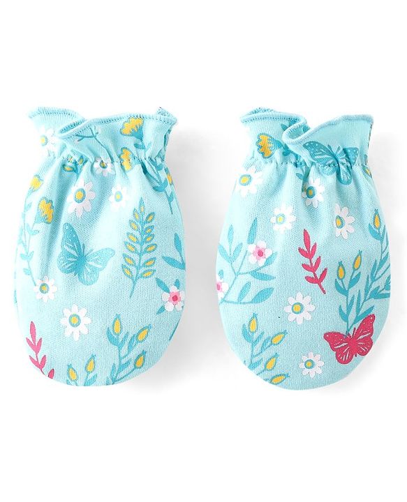 Babyhug Mittens and Booties Floral Print - Blue