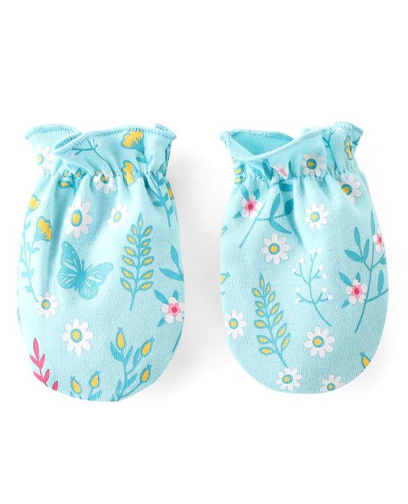 Babyhug Mittens and Booties Floral Print - Blue