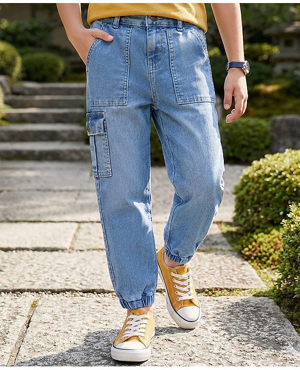 Pine Kids Full Length Washed Denim Jeans with Cargo Pocket - Light Blue
