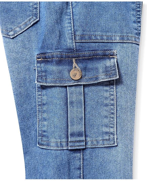 Pine Kids Full Length Washed Denim Jeans with Cargo Pocket - Light Blue