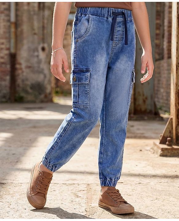 Pine Kids Ankle Length Washed Denim Jeans with Cargo Pocket - Blue