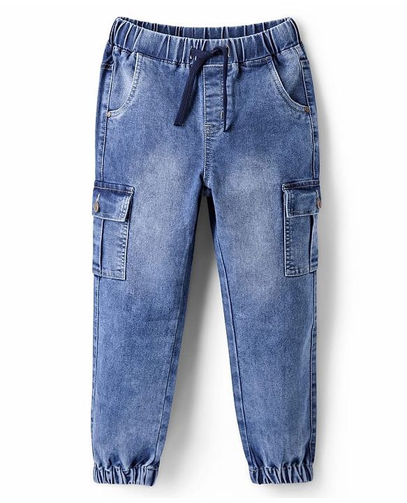 Pine Kids Ankle Length Washed Denim Jeans with Cargo Pocket - Blue