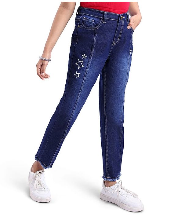 Pine Kids Denim Woven Ankle Length Washed Jeans With Star Print -Navy