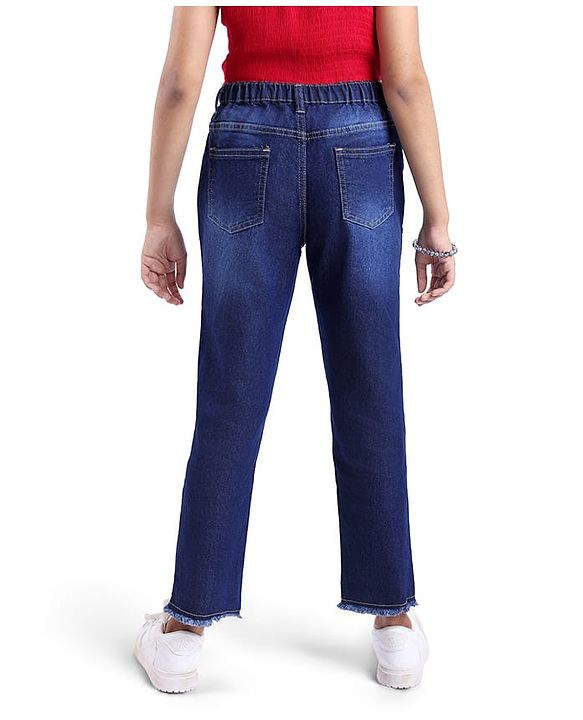 Pine Kids Denim Woven Ankle Length Washed Jeans With Star Print -Navy