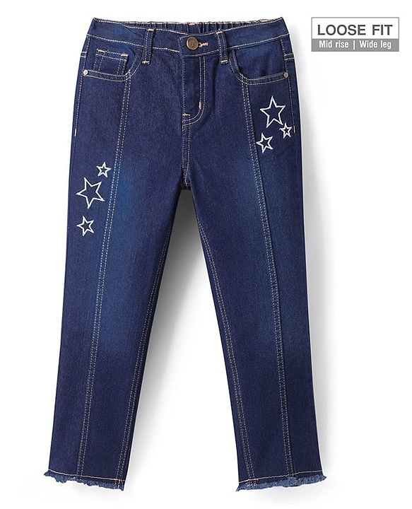 Pine Kids Denim Woven Ankle Length Washed Jeans With Star Print -Navy
