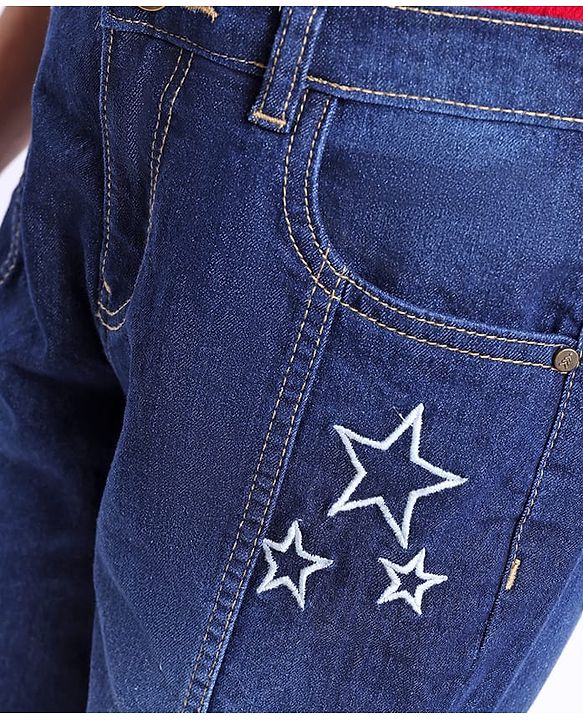 Pine Kids Denim Woven Ankle Length Washed Jeans With Star Print -Navy