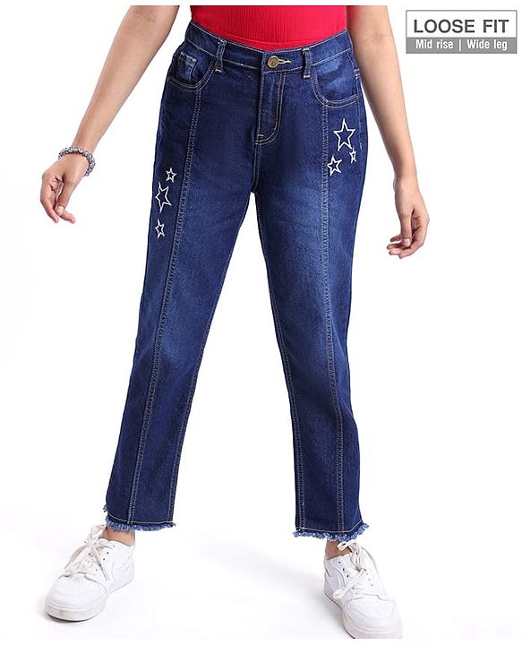 Pine Kids Denim Woven Ankle Length Washed Jeans With Star Print -Navy