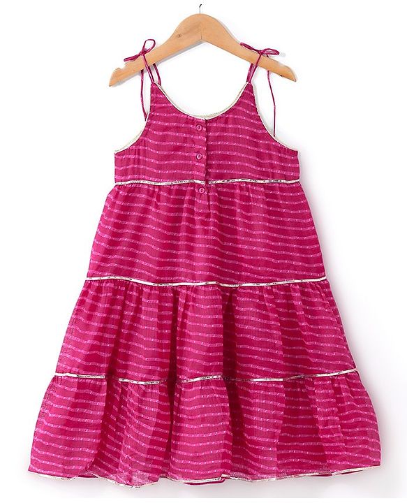 Babyhug Woven Singet Sleeves Kotta Printed & Sequins Detailing Ethnic Dress - Fuchsia
