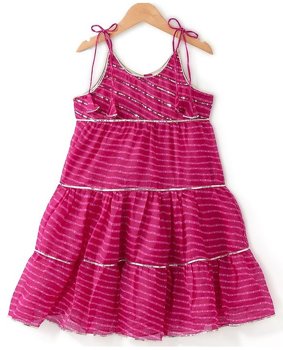 Babyhug Woven Singet Sleeves Kotta Printed & Sequins Detailing Ethnic Dress - Fuchsia