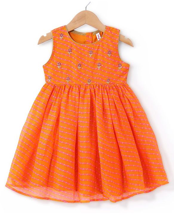 Babyhug Sleeveless Kotta Printed Ethnic Dress Floral Embroidery - Orange