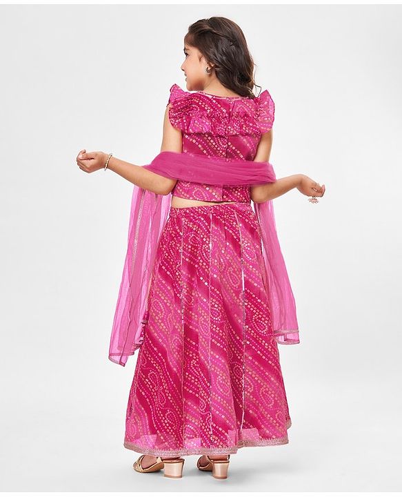 Babyhug Frill Sleeves Kota Bandhani Choli Lehenga & Dupatta Set with Sequin and Tassles Detailing -Fuschia