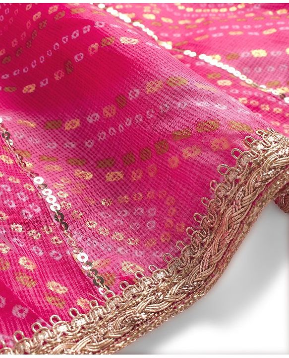 Babyhug Frill Sleeves Kota Bandhani Choli Lehenga & Dupatta Set with Sequin and Tassles Detailing -Fuschia