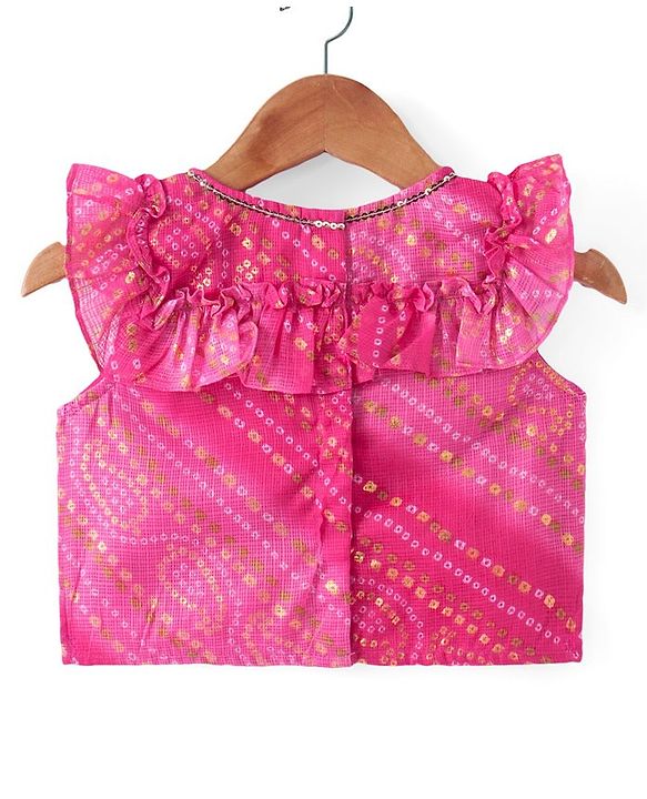 Babyhug Frill Sleeves Kota Bandhani Choli Lehenga & Dupatta Set with Sequin and Tassles Detailing -Fuschia