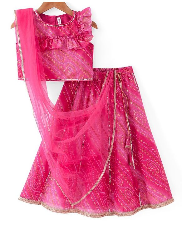 Babyhug Frill Sleeves Kota Bandhani Choli Lehenga & Dupatta Set with Sequin and Tassles Detailing -Fuschia