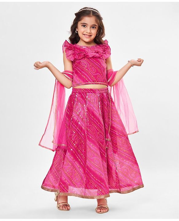 Babyhug Frill Sleeves Kota Bandhani Choli Lehenga & Dupatta Set with Sequin and Tassles Detailing -Fuschia