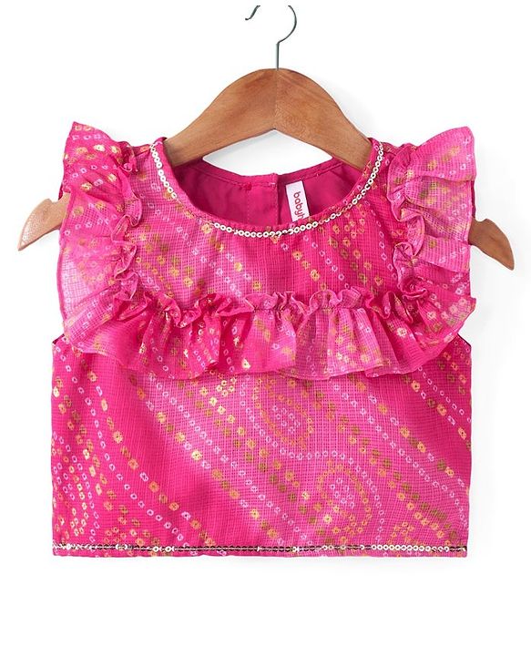 Babyhug Frill Sleeves Kota Bandhani Choli Lehenga & Dupatta Set with Sequin and Tassles Detailing -Fuschia
