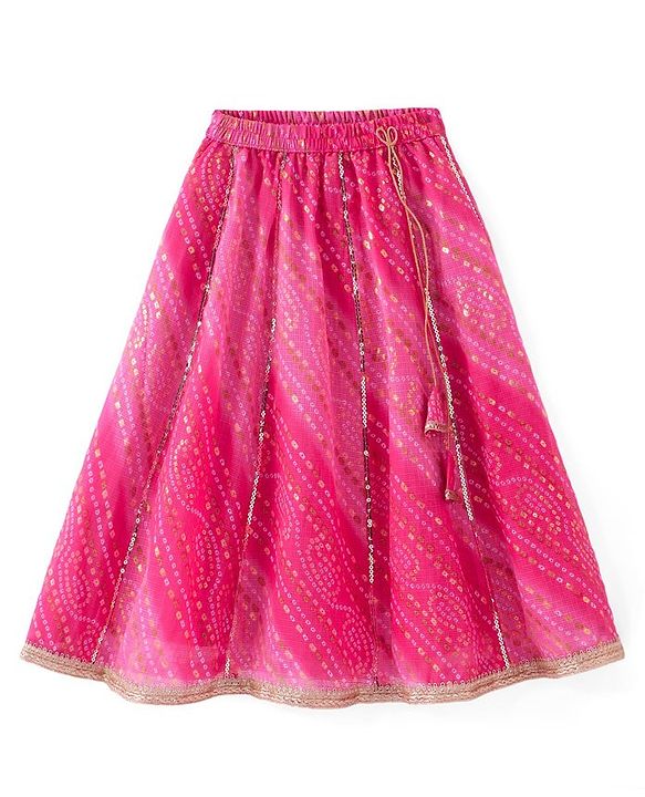 Babyhug Frill Sleeves Kota Bandhani Choli Lehenga & Dupatta Set with Sequin and Tassles Detailing -Fuschia