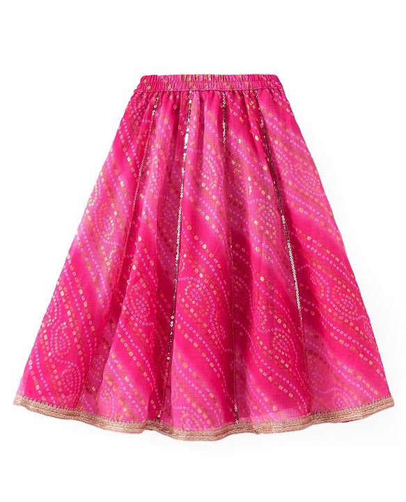 Babyhug Frill Sleeves Kota Bandhani Choli Lehenga & Dupatta Set with Sequin and Tassles Detailing -Fuschia