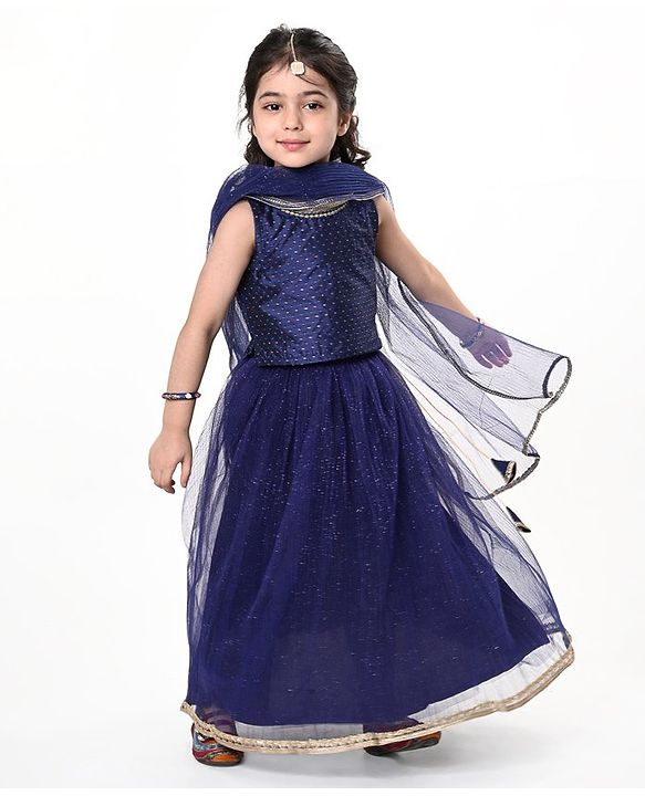 Babyhug Dobby Sleeveless Embroidered Choli With Shimmer Lehenga & Dupatta Set - Navy Blue