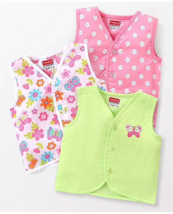 Babyhug 100% Cotton Woven Sleeveless Front Open Vest Floral & Butterfly Print Pack Of 3 - Green White & Pink