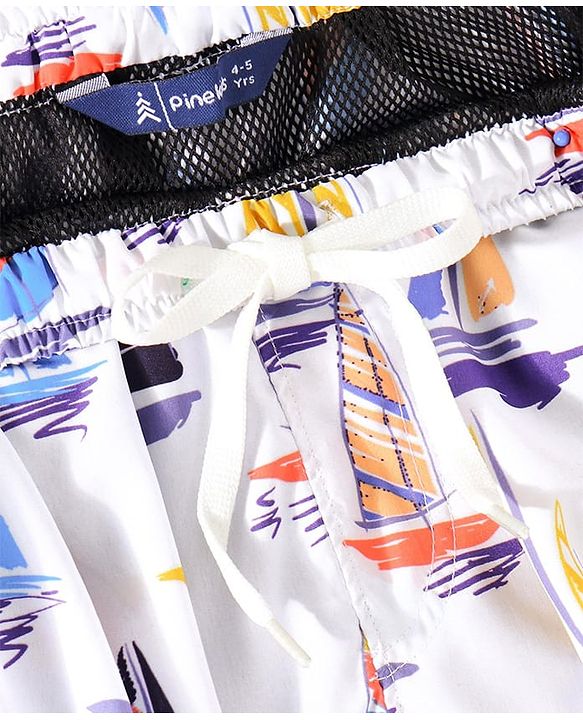 Pine Kids Mid Thigh Swimming Board Shorts with Boat Print - Multicolour