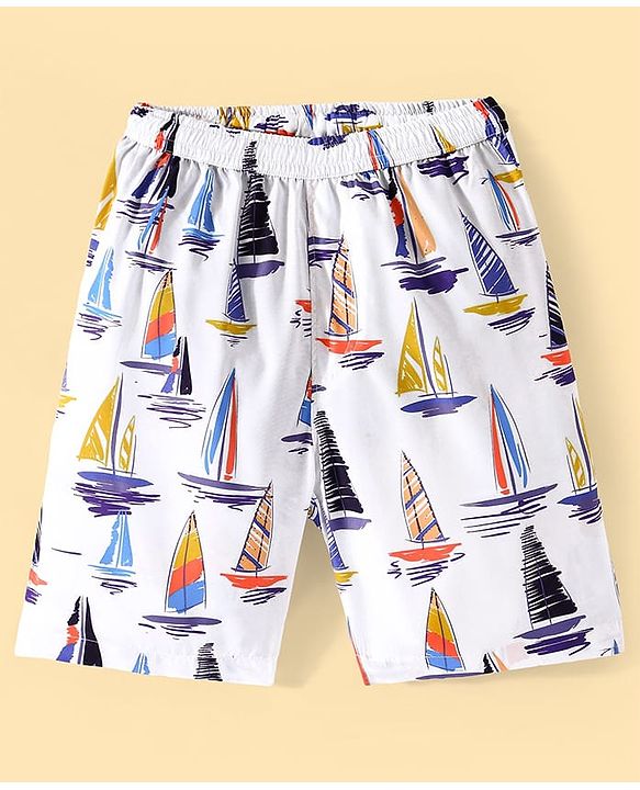 Pine Kids Mid Thigh Swimming Board Shorts with Boat Print - Multicolour