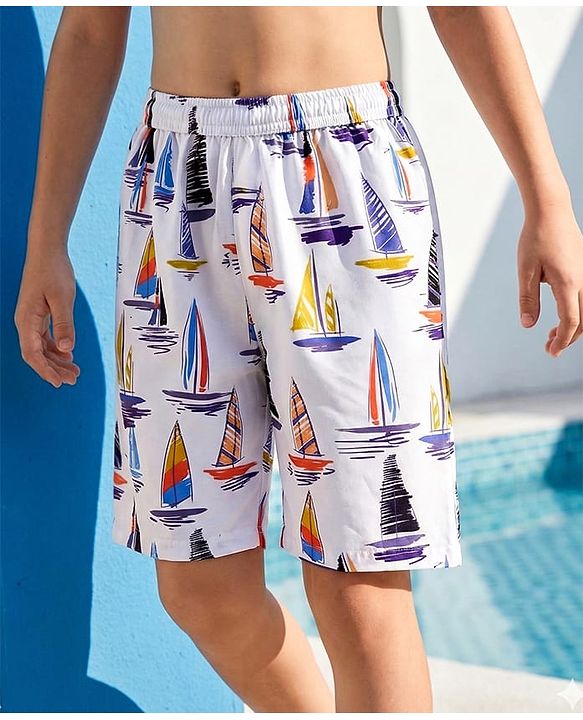 Pine Kids Mid Thigh Swimming Board Shorts with Boat Print - Multicolour