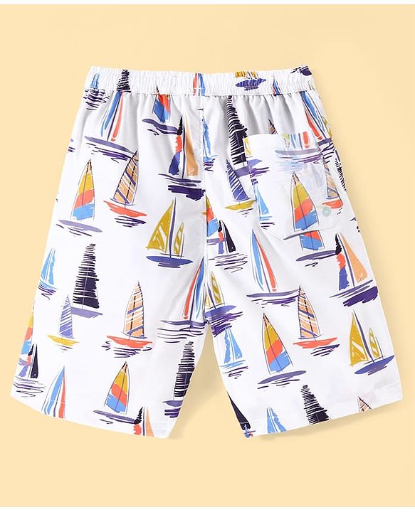 Pine Kids Mid Thigh Swimming Board Shorts with Boat Print - Multicolour