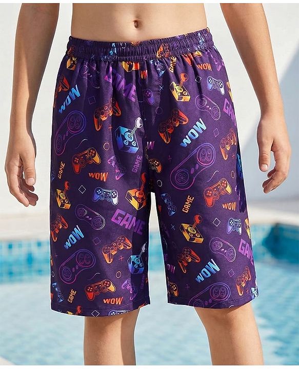 Pine Kids Mid Thigh Swimming Board Shorts Games Print - Multicolour