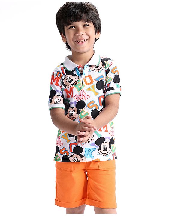 Babyhug Cotton Knit Half Sleeves Polo T-Shirt & Shorts Set with Mickey Mouse  Print - White  & Orange