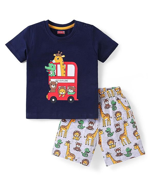 Babyhug Cotton Knit Half Sleeves Night Suit With Animals Print - Navy & Grey