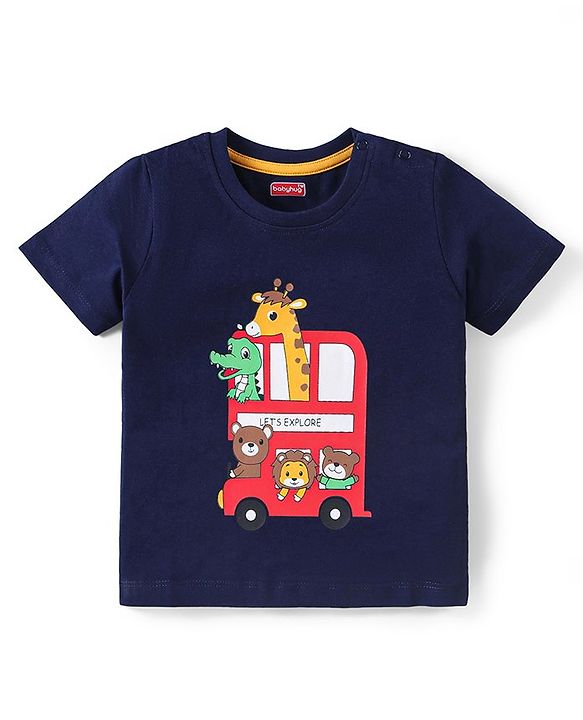 Babyhug Cotton Knit Half Sleeves Night Suit With Animals Print - Navy & Grey