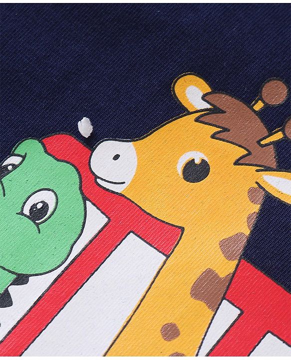 Babyhug Cotton Knit Half Sleeves Night Suit With Animals Print - Navy & Grey