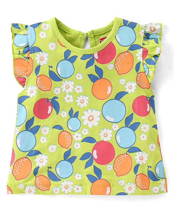 Babyhug Cotton Knit Flutter Sleeves Night Suit With Fruits Print - Multicolor