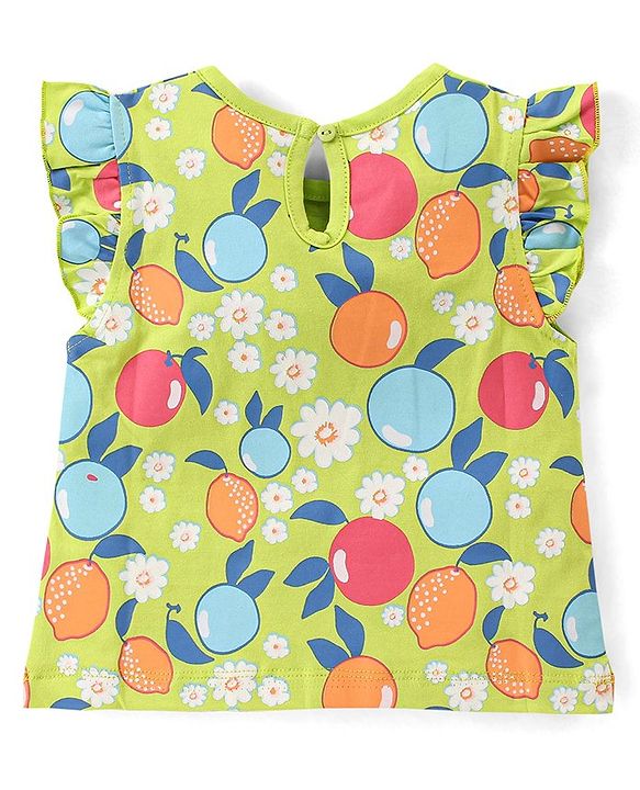 Babyhug Cotton Knit Flutter Sleeves Night Suit With Fruits Print - Multicolor