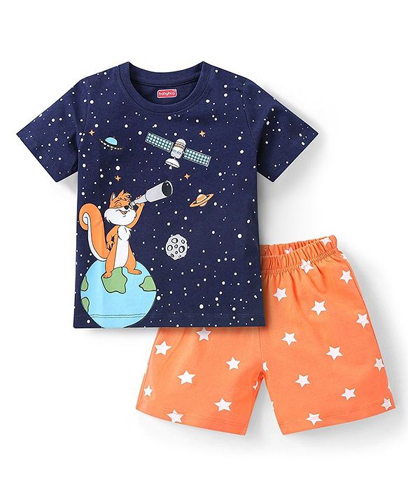 Babyhug Cotton Half Sleeves Night Suit With Space Print - Navy Blue