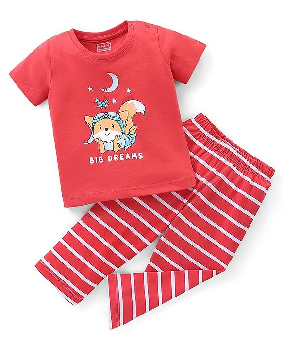 Babyhug Cotton Knit Half Sleeves Night Suit With Fox Print - Red